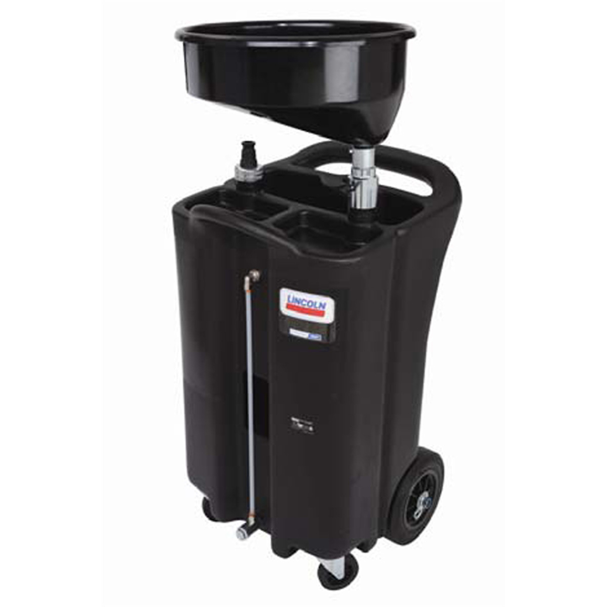 Lincoln 3626 26 Gallon Portable Gravity Fluid Drain, 50-75" Adjustable Funnel Height, High-strength Polyethylene, Pump-assisted, 18" Offset Bowl, 2 Ball-bearing Swivel Casters, 3/4"Male Camlock, Black